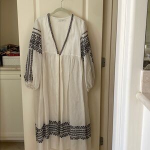 White and Black Embroidered Linen Dress Coat with pockets